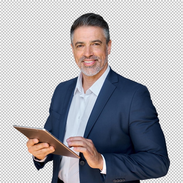 smiling businessman holding a tablet perfect for presentations