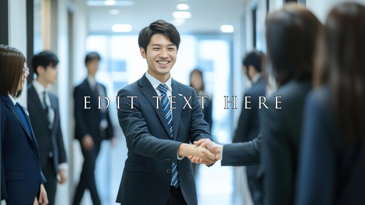 PSD 笑顔のビジネスマンがオフィスの廊下で同僚と握手し背景の他の同僚