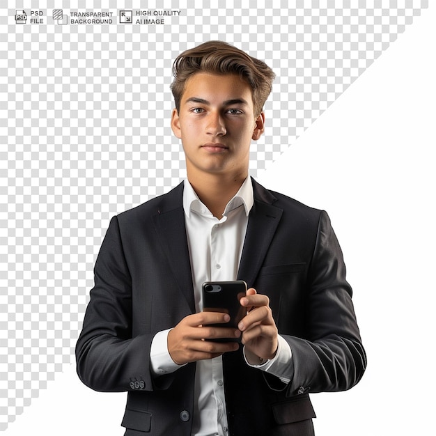 PSD Улыбающийся бизнесмен, использующий смартфон, изолированный на прозрачном фоне