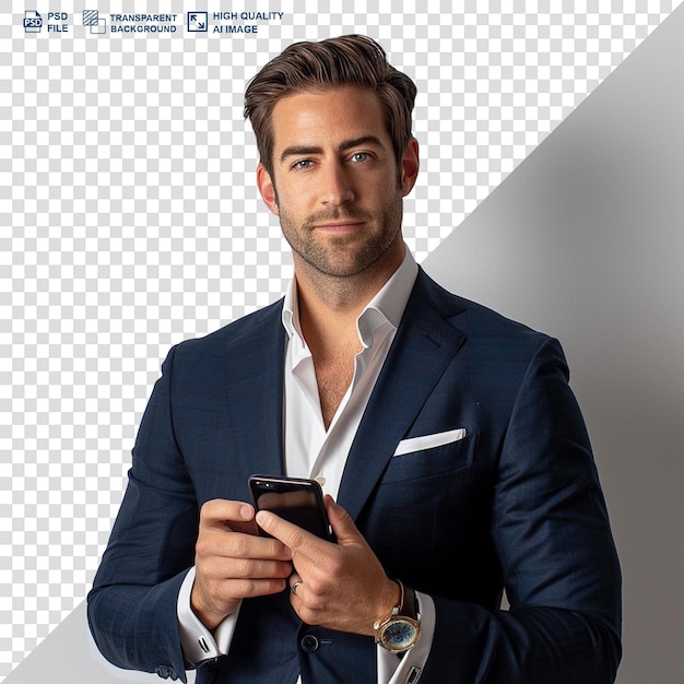 PSD smiling businessman using smartphone isolated on transparent background