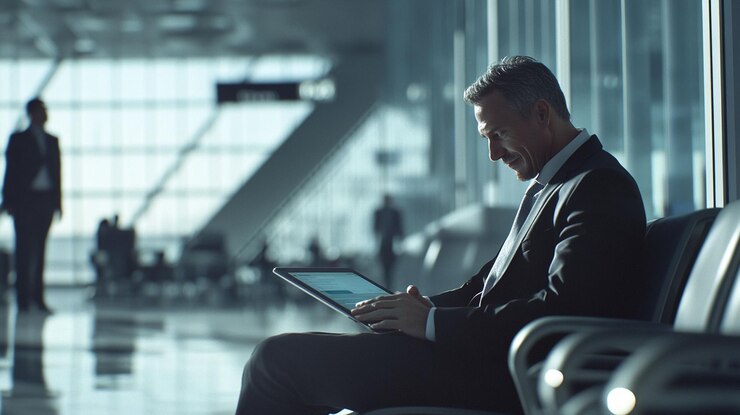 PSD smiling businessman using tablet in airport terminal