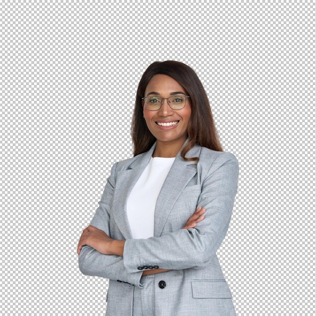 smiling businesswoman in a gray suit with crossed arms