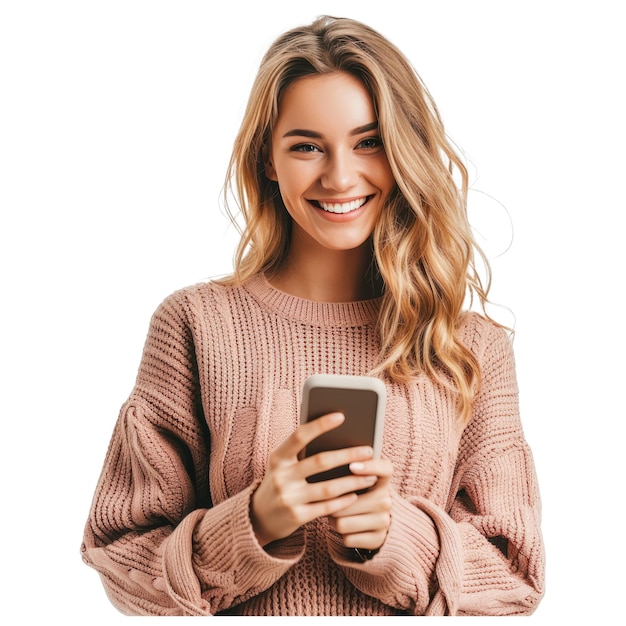 Smiling casual woman holding cellphone