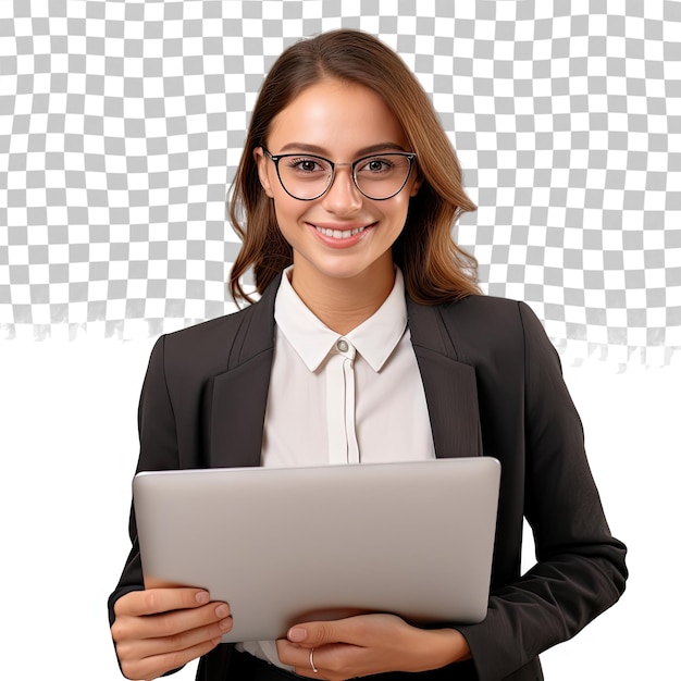 PSD smiling caucasian young businesswoman bank employee worker manager boss ceo looking at camera using laptop for distant education work elearning watching webinars online isolated in transparent