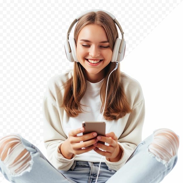 PSD giovane donna caucasica sorridente che ascolta il podcast canzone di musica e book cantante rock band con le cuffie auricolari che sceglie la traccia sonora sul cellulare isolata sullo sfondo bianco isolato