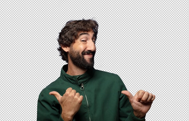 smiling cheerfully and casually pointing to copy space on the side feeling happy and satisfied