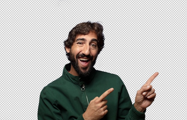 smiling cheerfully and pointing to copy space on palm on the side showing or advertising an object