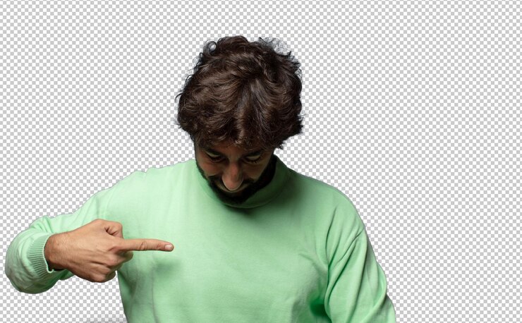 PSD smiling cheerfully and casually looking downwards and pointing to chest