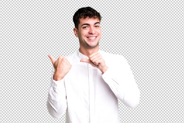 smiling cheerfully and casually pointing to copy space on the side feeling happy and satisfied