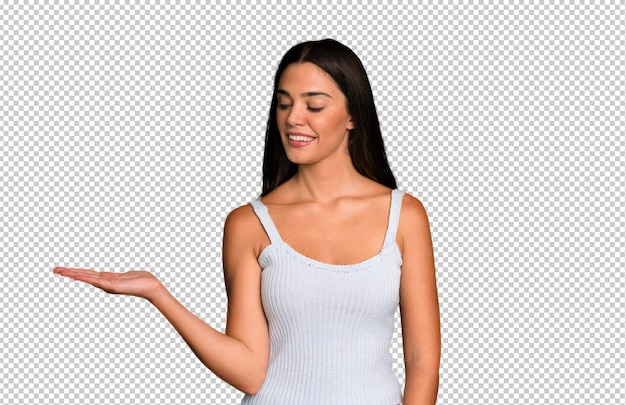 Smiling cheerfully feeling happy and showing a concept in copy space with palm of hand