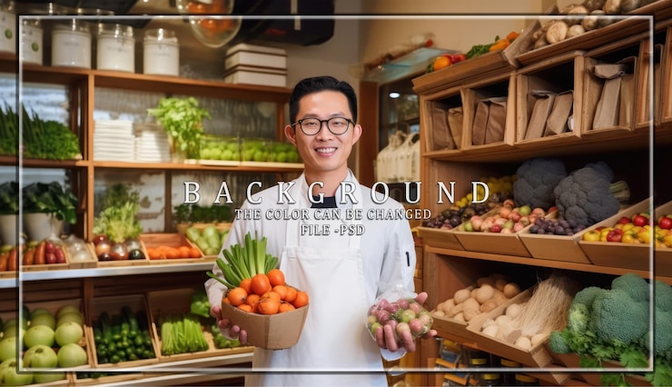 PSD 一位微笑的厨师在杂货店拿着新鲜产品