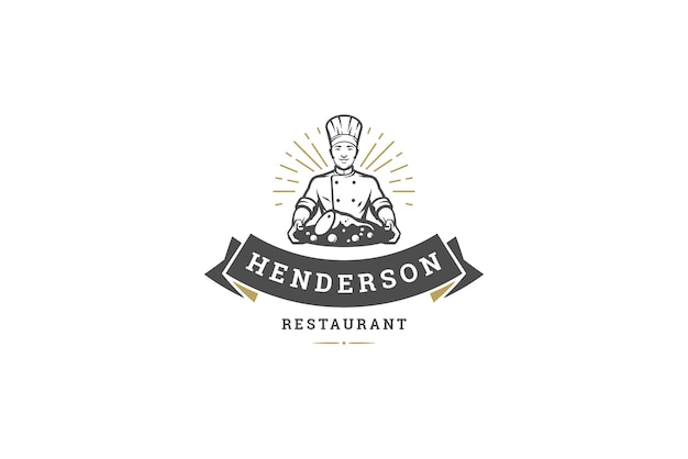 Smiling chef kitchen staff with fresh cooked meat on serving plate vintage logo template