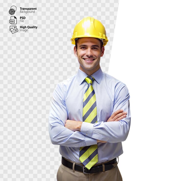 Smiling construction manager with yellow hard hat and work clothes on transparent background