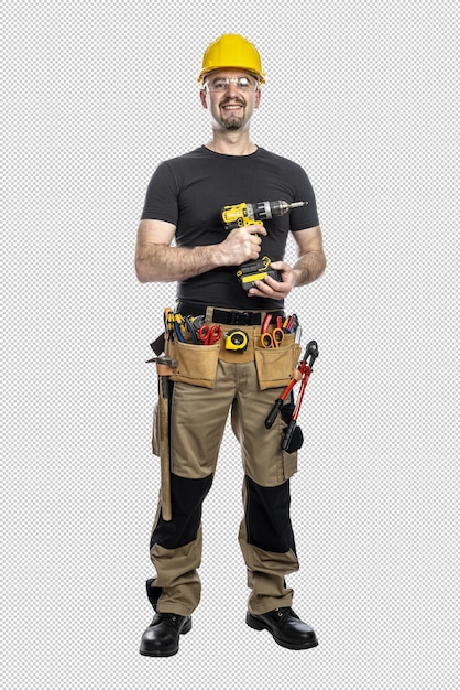 PSD smiling construction worker with tools