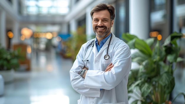 PSD smiling doctor inside a hospital ward