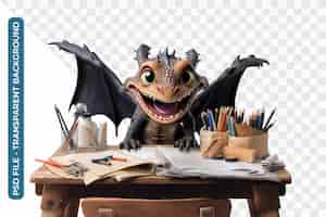 PSD smiling dragon in school studying at wooden desk with books
