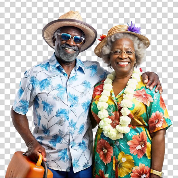 PSD smiling elderly couple sitting on a bench in a spring park surrounded by beautiful flowers