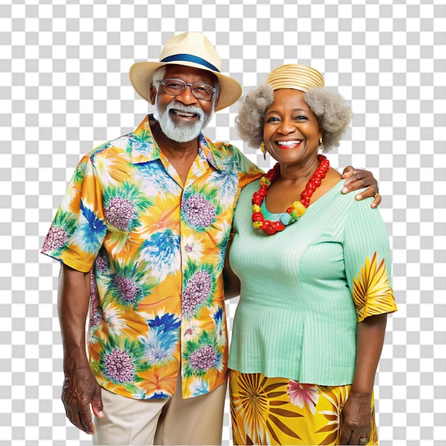 PSD smiling elderly couple sitting on a bench in a spring park surrounded by beautiful flowers