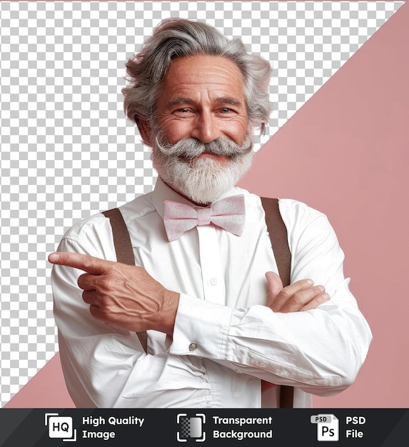 PSD Улыбающийся пожилой человек с седыми волосами, усы, бородатый мужчина в белой рубашке и галстуке, позирующий в студии, люди, концепция образа жизни, макет копирования пространства, указывающий указательным пальцем на камеру.