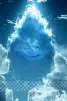PSD smiling face in the clouds blue sky cartoon on transparent background