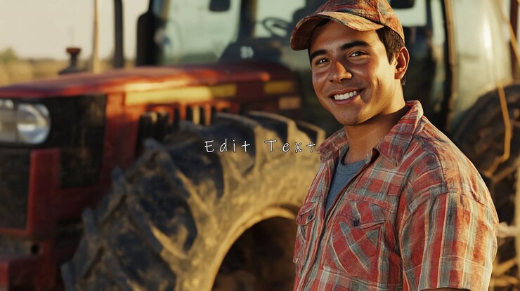 PSD smiling farmer standing in front of tractor