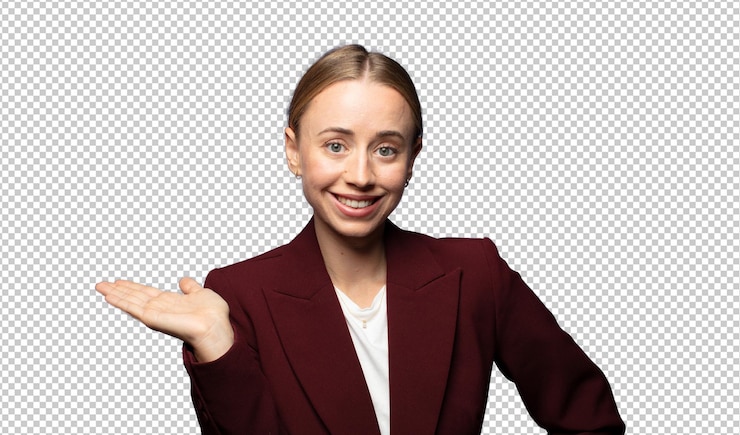 PSD улыбаясь, чувствуя себя уверенным, успешным и счастливым, показывая концепцию или идею на копировании пространства на стороне