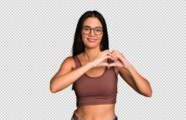 PSD smiling and feeling happy cute romantic and in love making heart shape with both hands