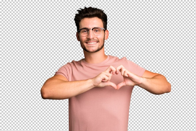 PSD sorridendo e sentendosi felice carino romantico e innamorato a forma di cuore con entrambe le mani