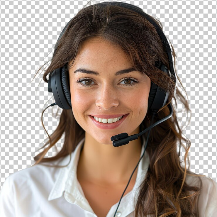 PSD smiling female customer service representative with headset cut out transparent