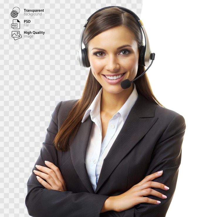 PSD smiling female customer service representative with headset and transparent background