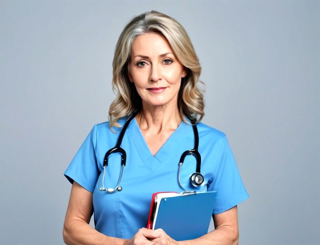 PSD smiling female doctor holding a clipboard on white surface