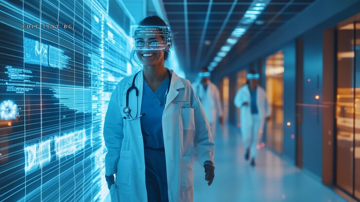 PSD smiling female doctor in futuristic hospital corridor with digital interface