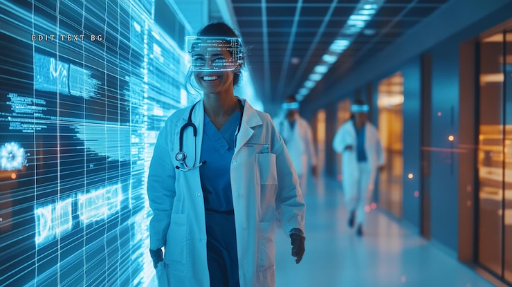 PSD smiling female doctor in futuristic hospital corridor with digital interface