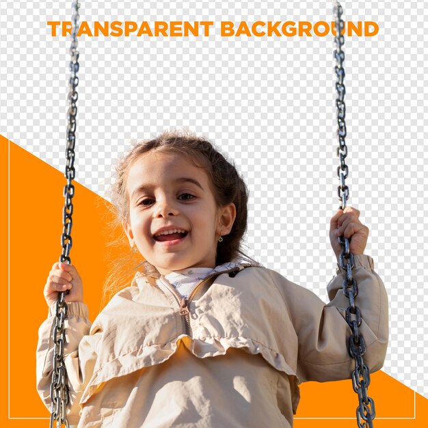 smiling girl playing on the swing in the park with transparent background