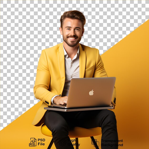 PSD smiling guy with laptop isolated on transparent background include png file