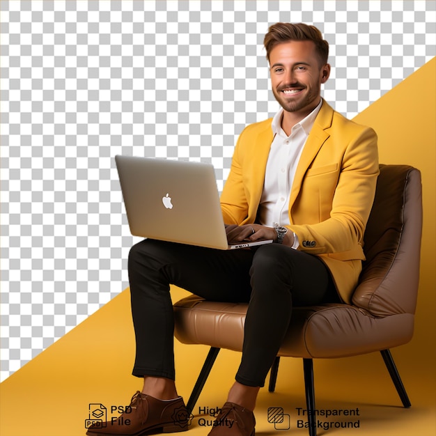 Smiling guy with laptop isolated on transparent background include png file