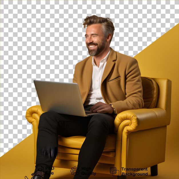 PSD smiling guy with laptop isolated on transparent background include png file