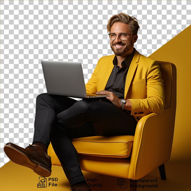 PSD smiling guy with laptop isolated on transparent background include png file