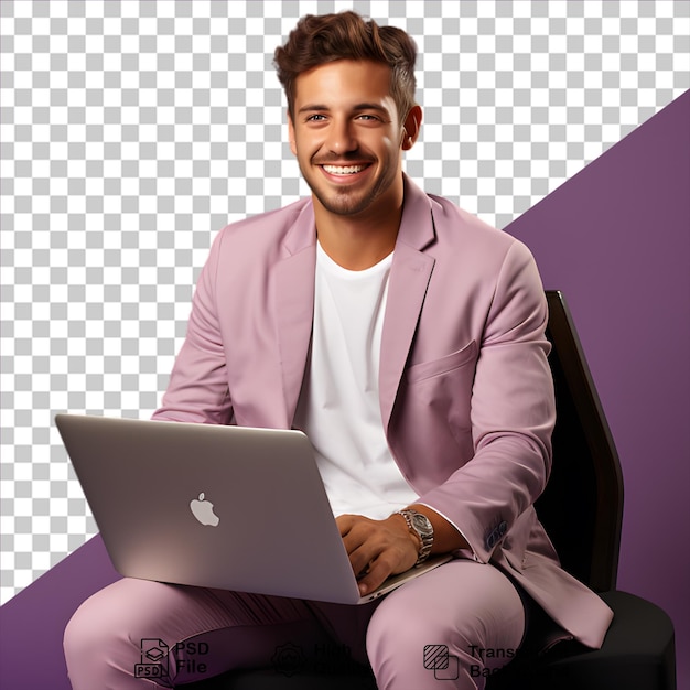 Smiling guy with laptop isolated on transparent background include png file