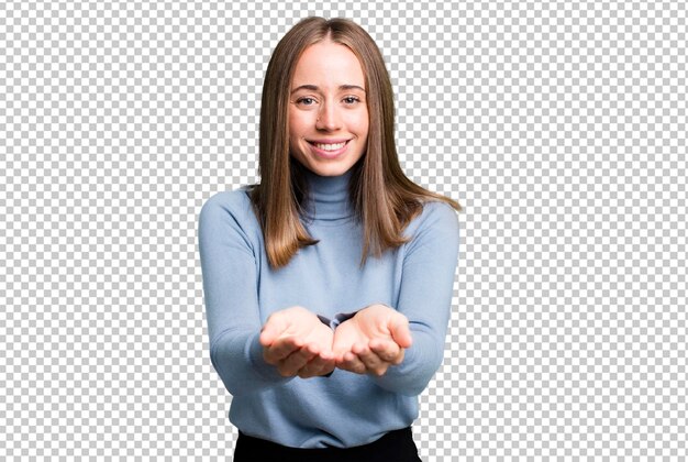 Smiling happily with friendly confident positive look offering and showing an object or concept