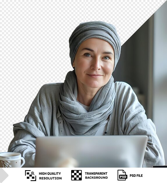 Smiling happy cancer woman in chemotherapy period no hair working at home with technology laptop smartphone png