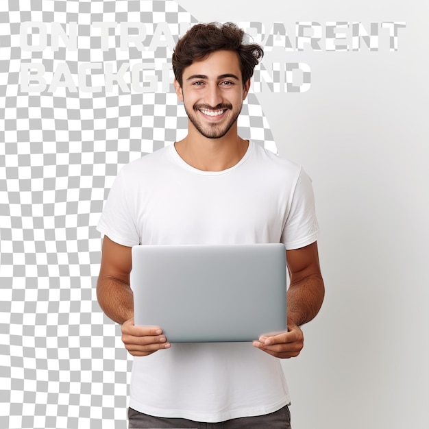 Smiling happy tanned handsome man in basic tshirt hold laptop pc smile at camera posing isolated on