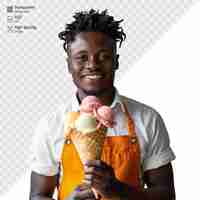 PSD smiling ice cream vendor holding a cone with multiple flavors