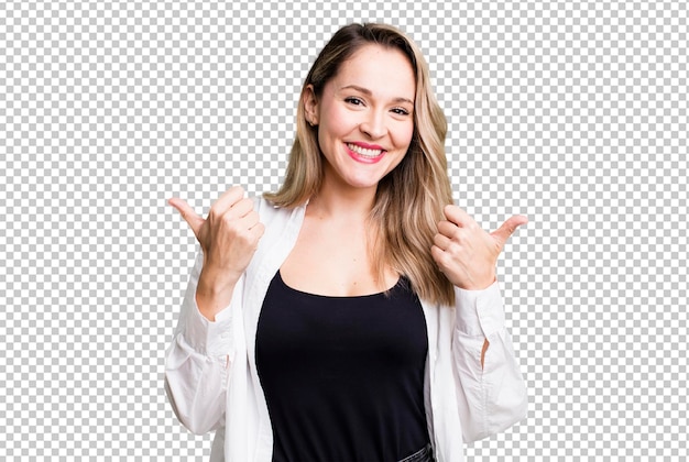 Smiling joyfully and looking happy feeling carefree and positive with both thumbs up