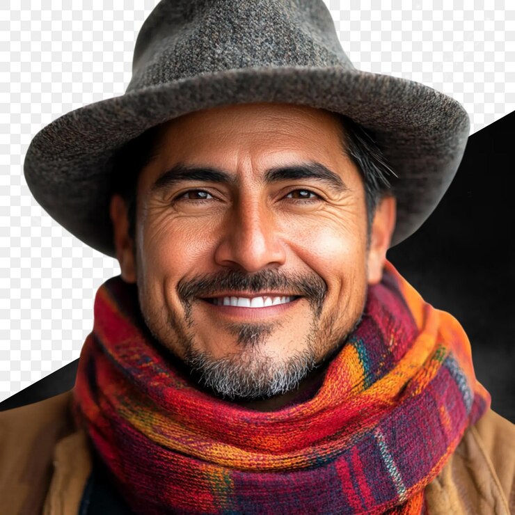 PSD smiling man in hat and scarf
