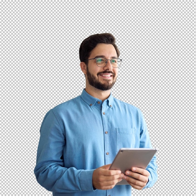 Smiling man holding a tablet