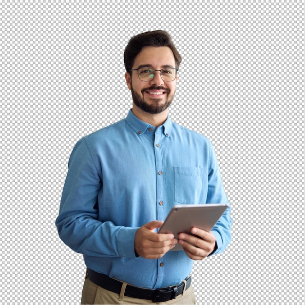 Smiling Man Holding a Tablet