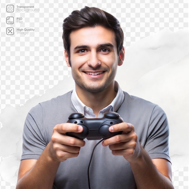 smiling man playing video game with controller in hands