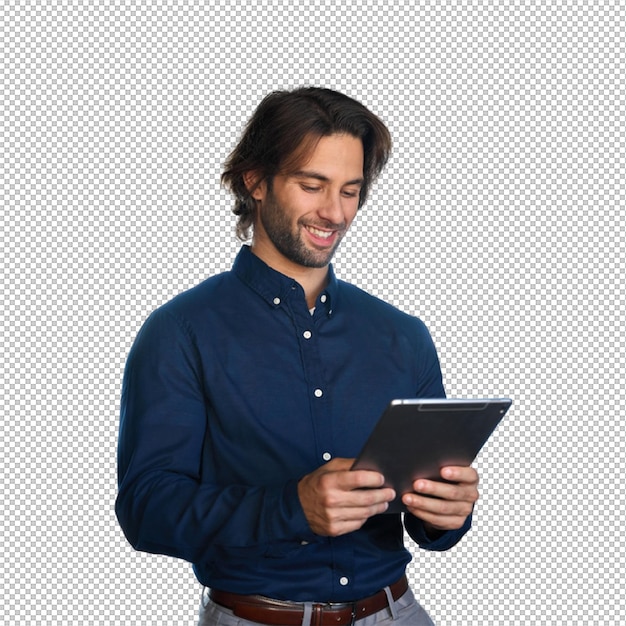 Smiling man using a tablet