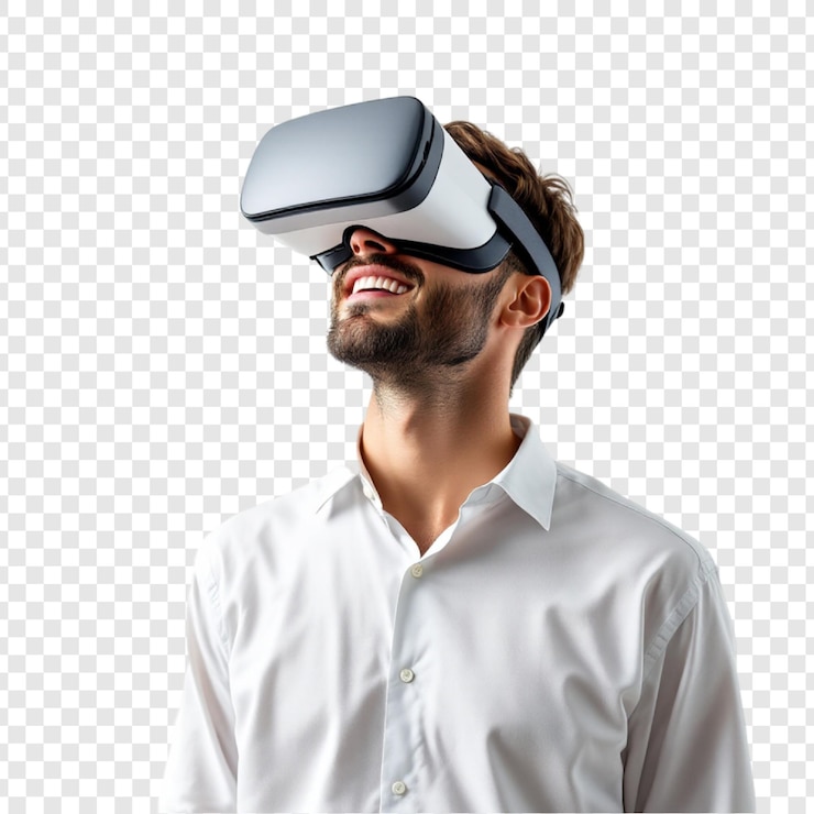PSD smiling man using virtual reality headset immersive technology